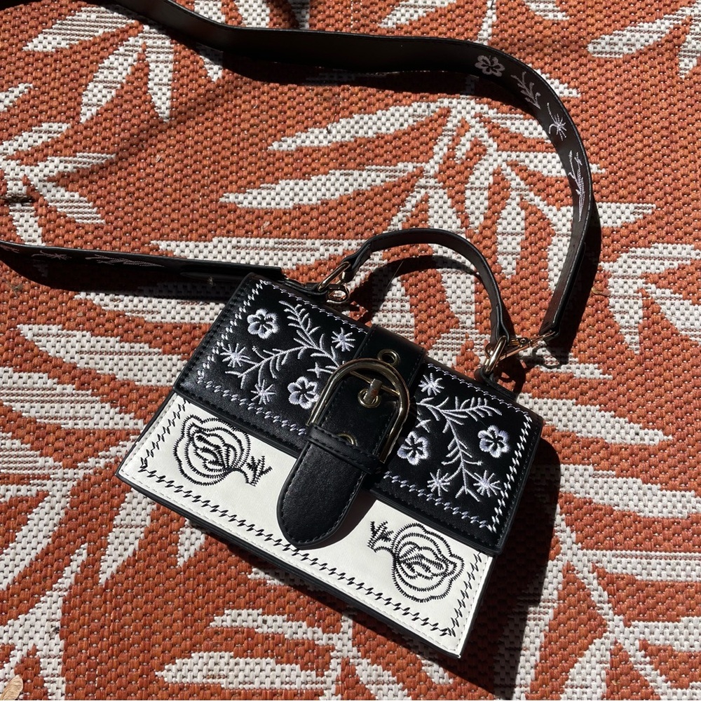 Embroidered Black and White Handbag
